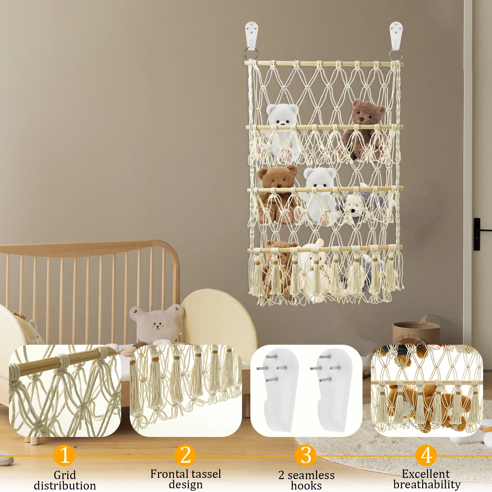 Stuffed Toy Storage Rack Handmade Woven Cotton Rope Decoration Wall Hanging Organizer Multi-layer Simple Hammock Storage Net Bag