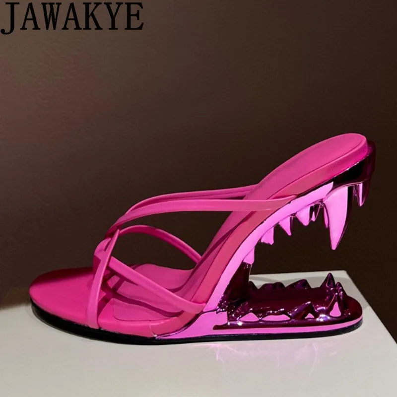 

Gold Teeth Heels Wedge Slippers Luxury Gold Leather Sandals Cross Strap Shiny Leather High Heel Shoes 2023 Popular Shoes Women
