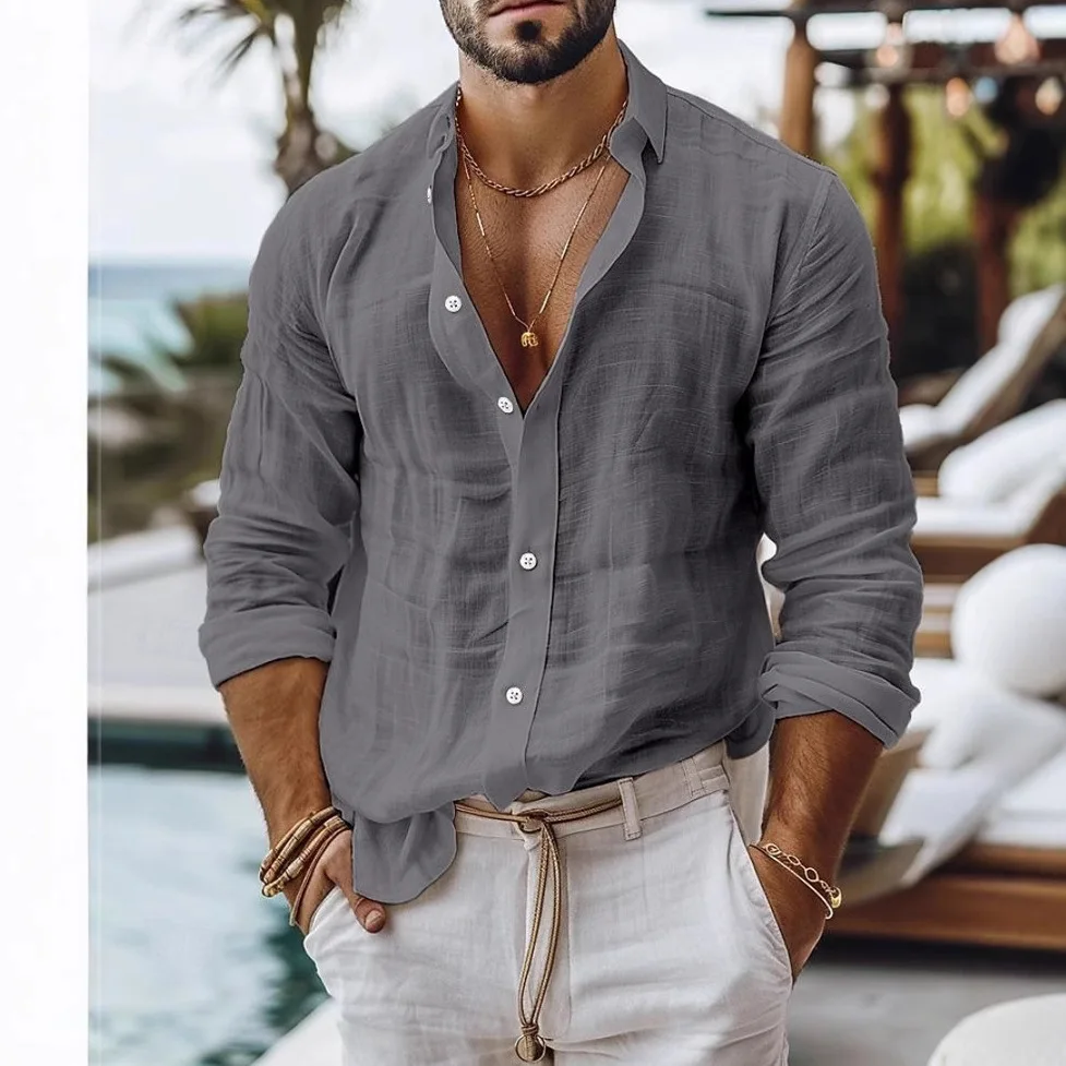 Linen Long Sleeve Men Blouse Shirts Summer Beachwear