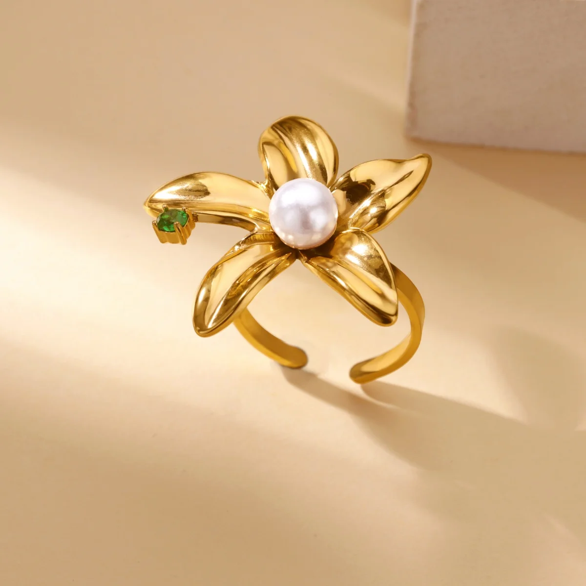 Gold Flower Ring With Zircon Pearl For Women