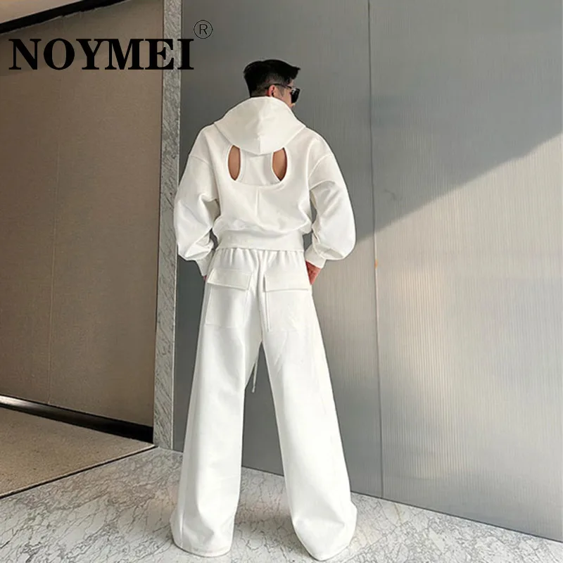 

NOYMEI Hollow Out Back Deconstructed Patchwork Zipper Sweatshirt Wide Leg Pants Two Pieces Set 2024 Spring Solid Color WA4057