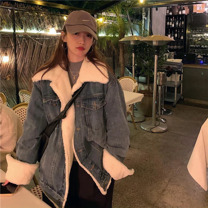 

Miiiix Korean Fashion Design Feel Loose Jackets Versatile High Street Popular Thickened Lamb Fleece Spliced Denim Jackets