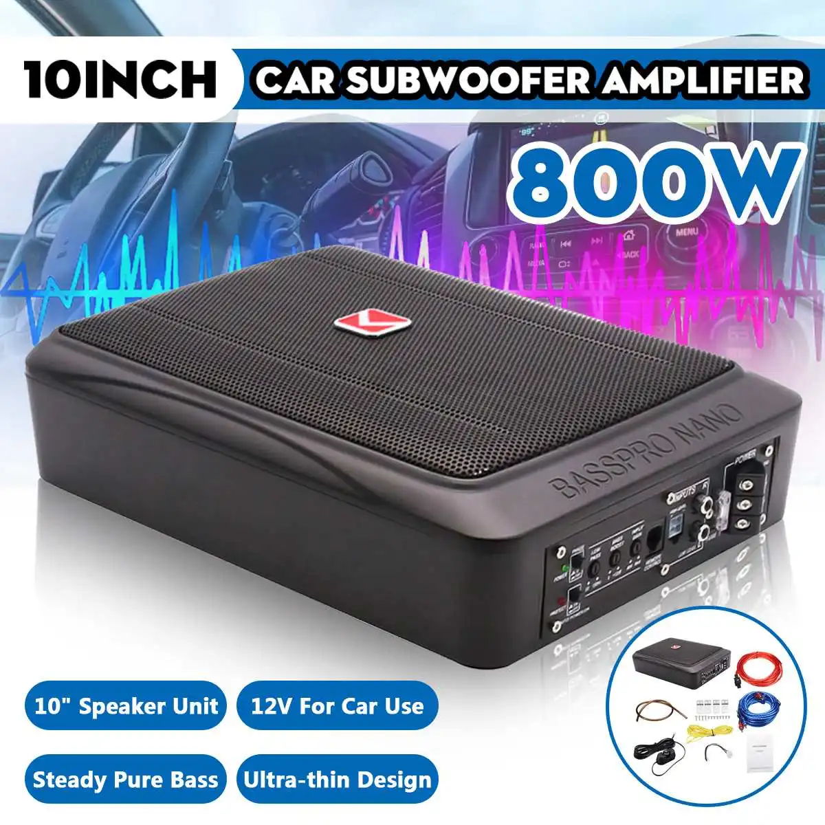 

800W/600W 8/10 Inch 12V Car Speaker Active Subwoofer Car Under Seat Slim Sub Woofer AMP Super Bass Car Amplifier Subwoofers