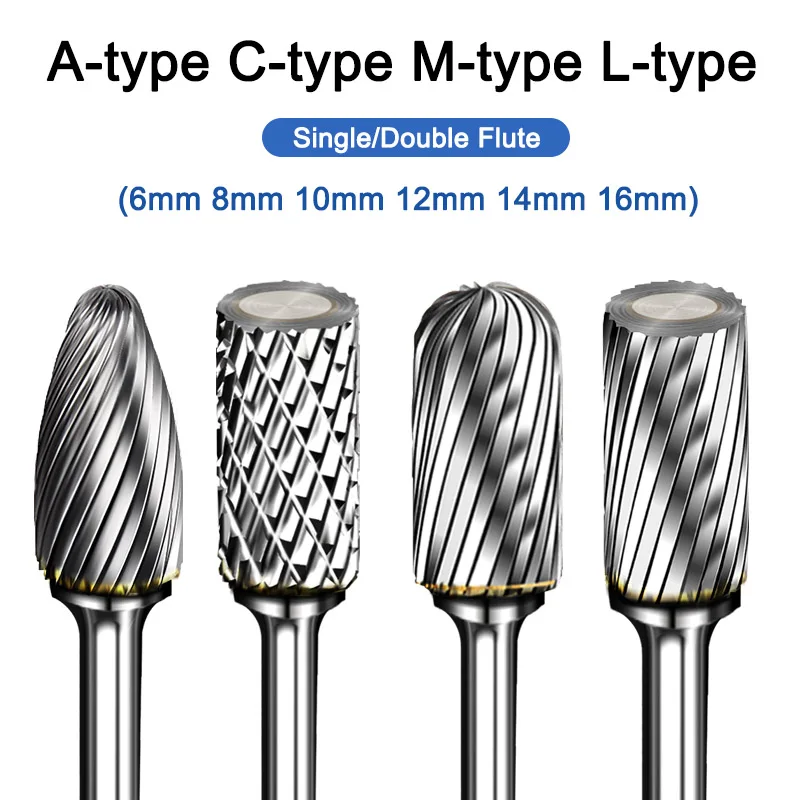 

6 8 10 12 14 16mm Tungsten Steel Rotary File Shank 6mmSingle/Double Slot Top Flute Carbide Alloy A/AXE/C/L/M Type Milling Cutter