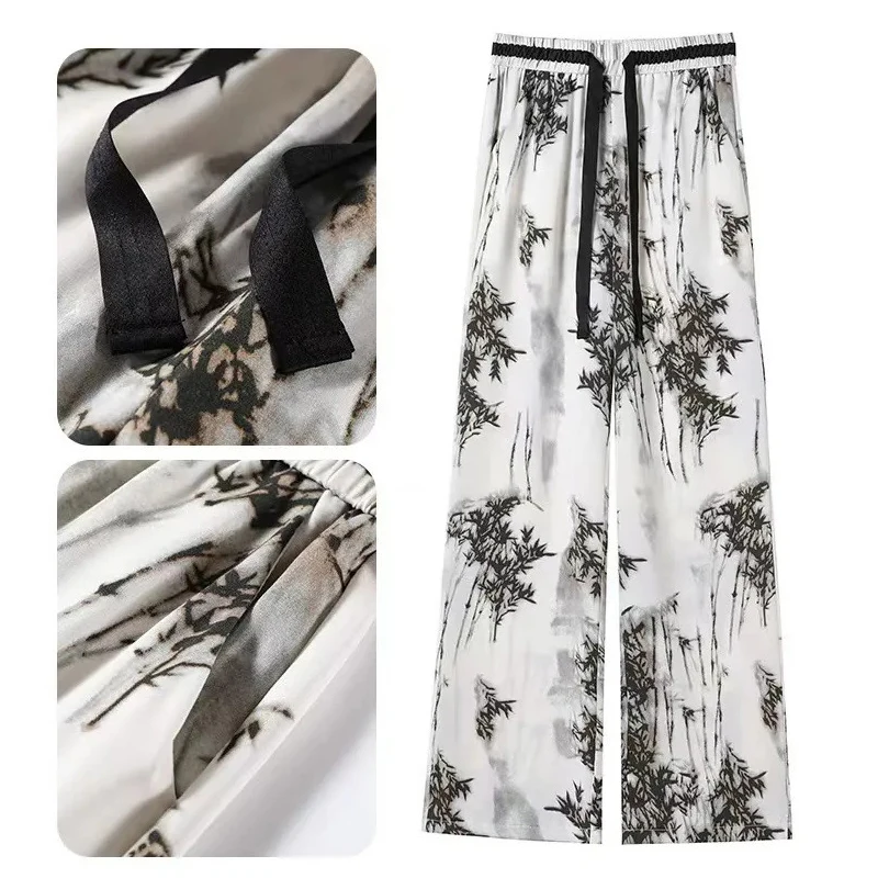 Ice Silk High Waisted Wide Leg Pants Women's 2024 Summer Thin Ink Chinese Style Casual Sunscreen Chiffon Printed Pants