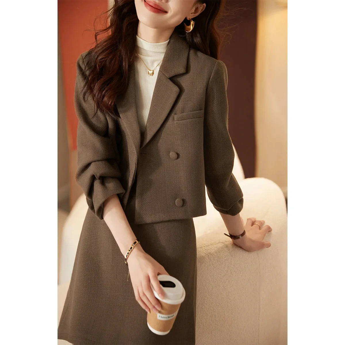 

Women's Autumn/winter Woolen Blazer Mujer Skirt Two-piece Sets Vintage Double Breasted Suit Collar Jacket Buttocks Skirt Sets