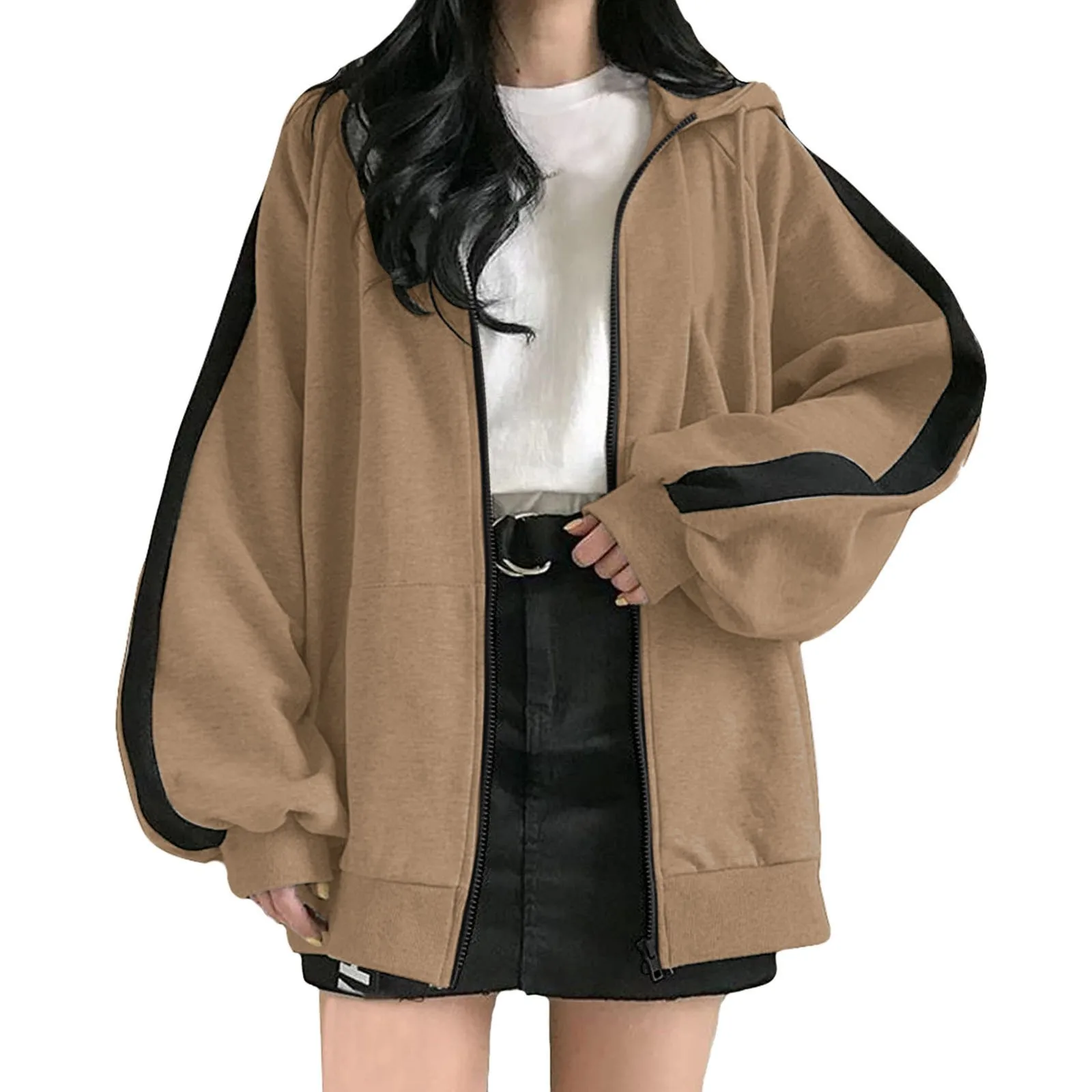 Womens Zip Up Hoodie Fashion Oversized Fashionable Contrasting Colors Hoodies Comfy Plus Size Sweatshirts Cute Jackets_voghion.com
