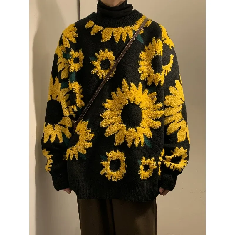

Winter Sweater Hot Sale Men's Round Neck Knitwear Fashion Sunflower Embroidery Casual Oversize Warm Couple Pullover
