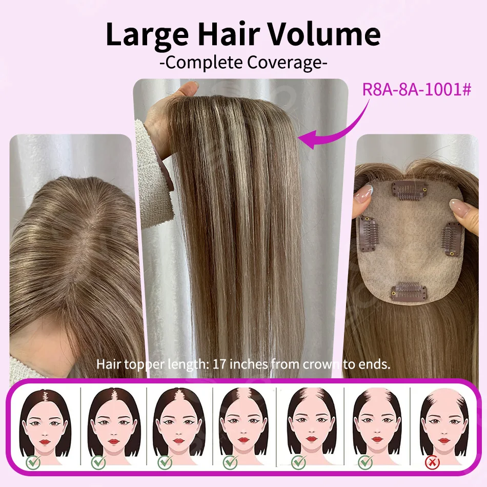 Topper per capelli umani lisci con riflessi per donna 10x12CM, base in pelle con 4 clip, capelli veri traspiranti - immagine 4