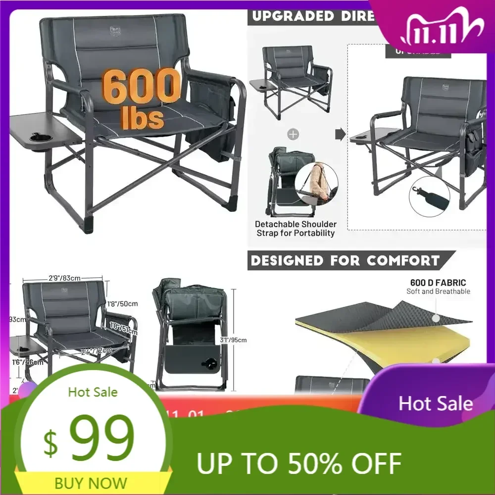 Upgraded XXL Oversized Folding Directors Chairs with Side Table, Pocket, and Heavy Duty Camping Features