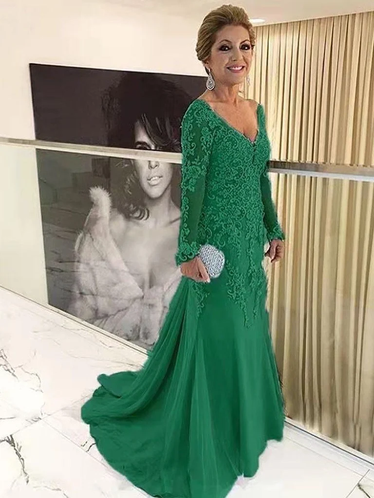 Mother Bride Dresses Gold Lace Mermaid Long Sleeves Applique V Neck Wedding Formal Party