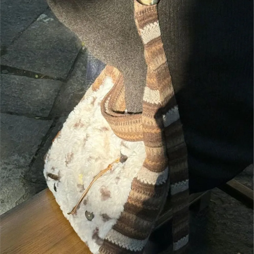 JIAERDI Retro Stripe Tote Bag Women 2025 Harajuku Plush Patchwork Soft Casual Handbag Female Large Capacity Shoulder Bags Bolsos