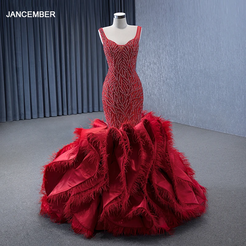 

Женское романтическое вечернее платье Jancember красного цвета, 2024, облегающее платье на тонких бретельках, v-образный вырез, бисер, перья, Dress فن ن هرrrrrsm231143