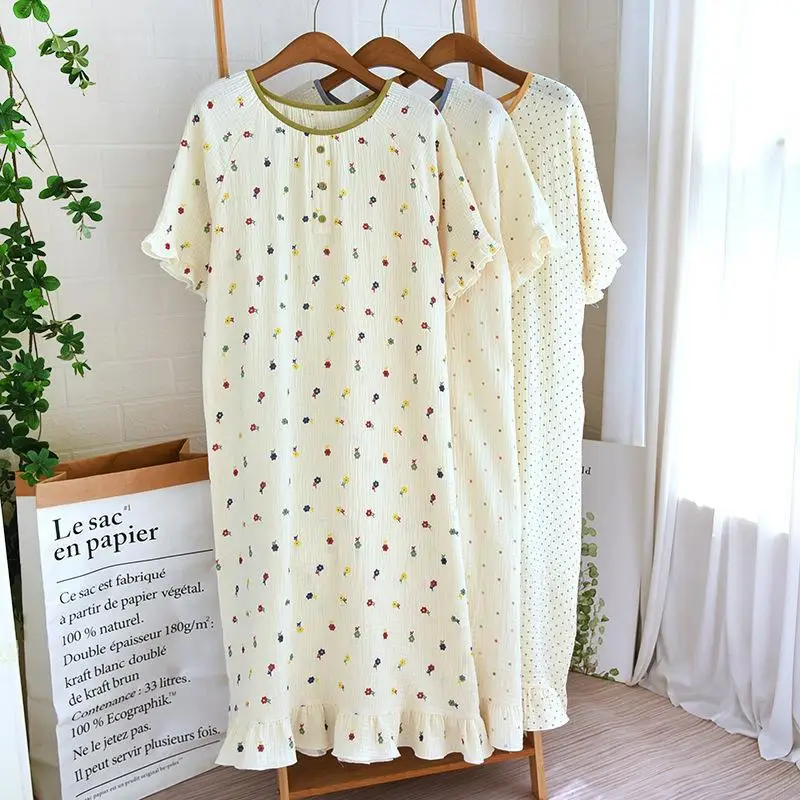 

Cotton Cute Sweet Short Sleeved Pajama Nightdress Up Button Mid-long Home Pajama Dress for Spring and Summer Sleepwear Women