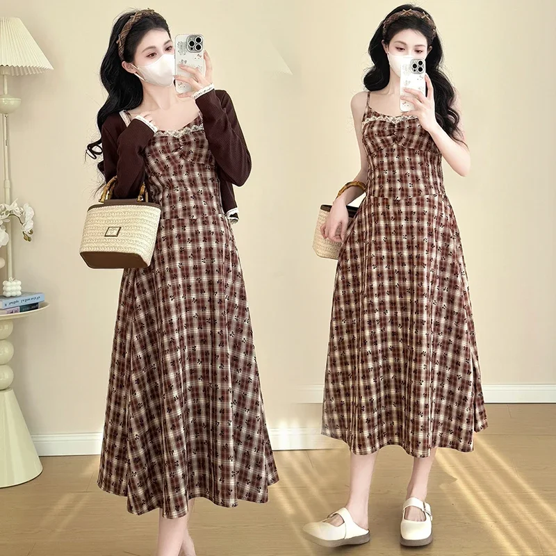 Spring Maternity Dress Suit Korean Style Long Sleeve Cardigans Strap Plaid Dress Twinset Fashion Pregnant Woman Clothes Set