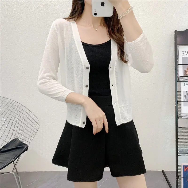 Spring/Summer Ice Linen Knitted Split Sleeve Cardigan Women's Versatile Office Air Conditioning Shirt Fashion Sunscreen Top