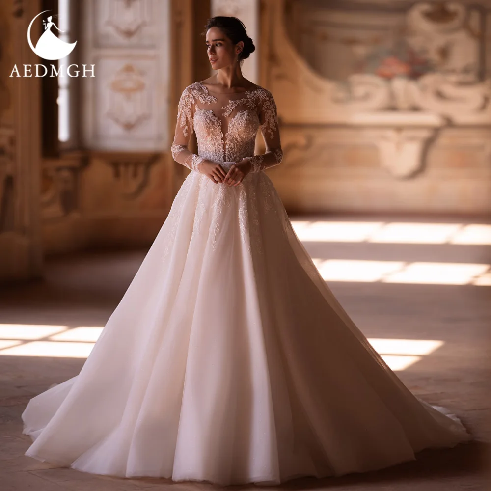 

Женское свадебное платье с круглым вырезом Aedmgh, элегантное кружевное платье-трапеция с длинными рукавами и вышивкой, 2024