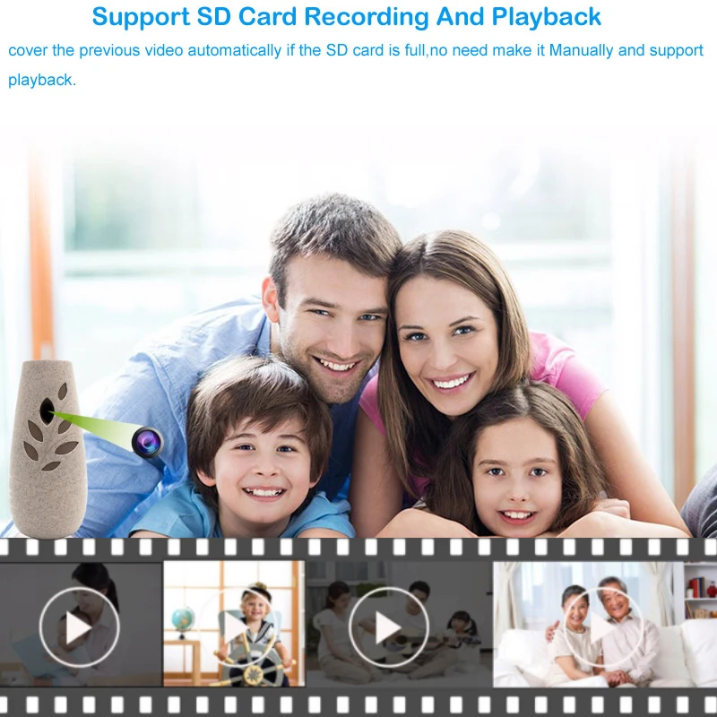 A family of four smiles by a window, not noticing the Decorative Display SpyCam. Below, video icons show SD card recording options. The text emphasizes automatic video coverage and manual play for real-time monitoring.