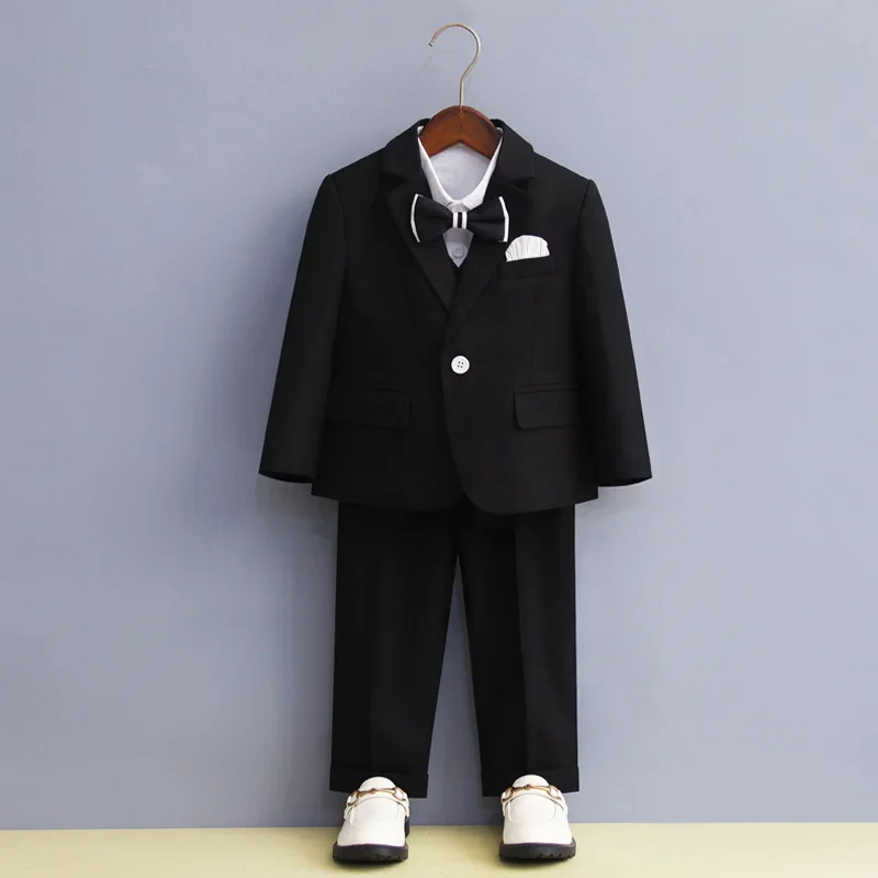 Children's Formal White Black Suit Set Boy Wedding Dress   Birthday Party Host   Performance Costume Kids Blazer Pants Bowtie