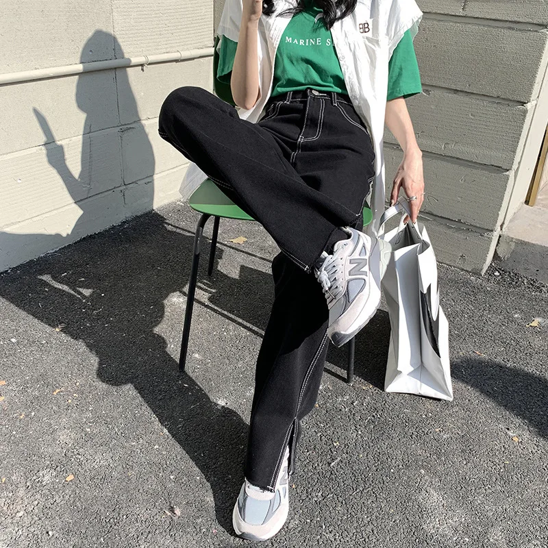 

Split High Waist Floor Sweep Jeans Women Black Vintage Straight Pants 2024 Spring Autumn Indie New Fashion Trousers Solid Colors