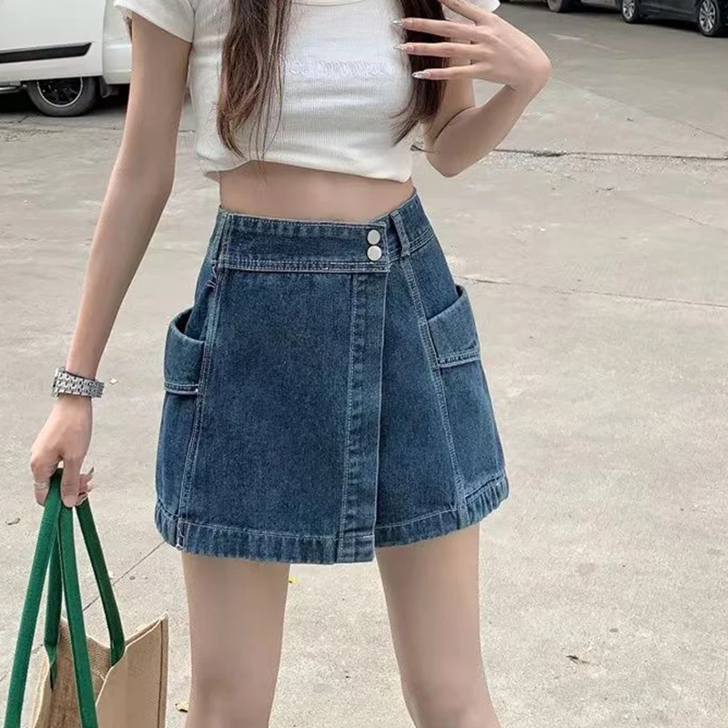 

Korean High Waist Skirt Shorts Women Summer Pockets Denim Shorts Double Button A Line Skirt Pants Jeans Vintage Y2K Streetwear