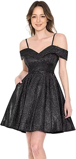 

Women's Off Shoulder Homecoming Dresses Short Sparkly Glitter Prom Gowns with Pockets