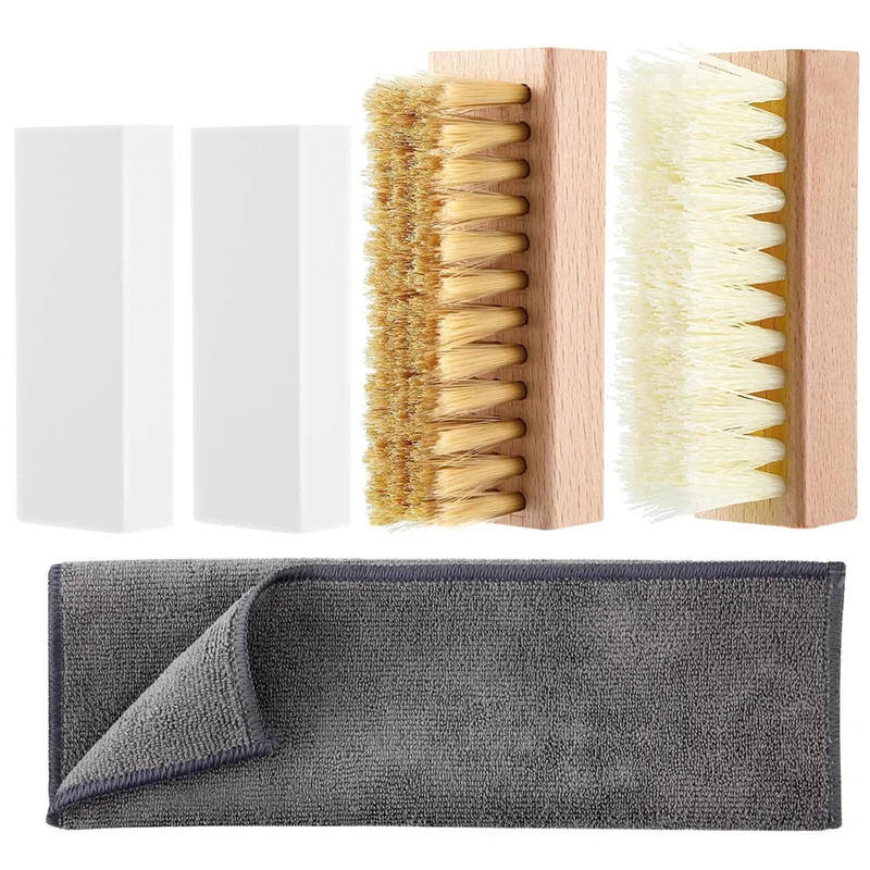 M12K-Brass& Nylon Brush Set, 5 Piece Suede And Nubuck Shoe Cleaning Kit With 2 Suede Erasers, Microfiber Towel For Shoes, Boots