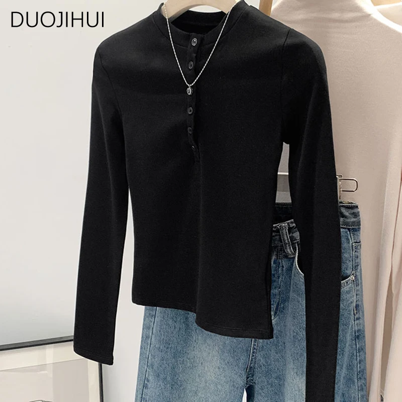 

DUOJIHUI новые базовые облегающие Женские футболки на пуговицах с круглым вырезом осенние классические модные однотонные простые женские футболки с длинным рукавом