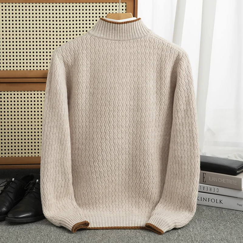 Contrast color Half zip Autumn/winter new 100% Merino wool cashmere sweater men's half turtleneck pullover warm bottom knitshirt 6