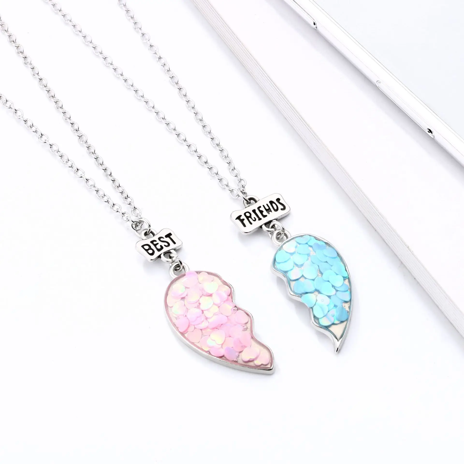 2 Stücke Pailletten Herz Magnet Halskette für Frauen Trendy DIY Herz Nähte Anhänger BFF Beste Freunde Schmuck Geschenke 2025 – Detail 5
