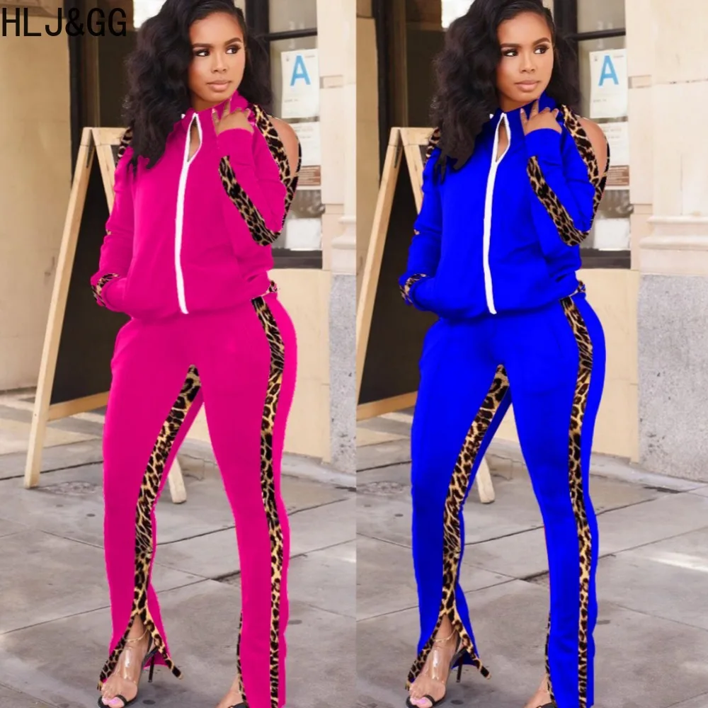 HLJ&GG Casual Leopard Splicing Two Piece Sets Women Zipper Long Sleeve Top And Slit Pants Outfits Fashion Matching Tracksuits