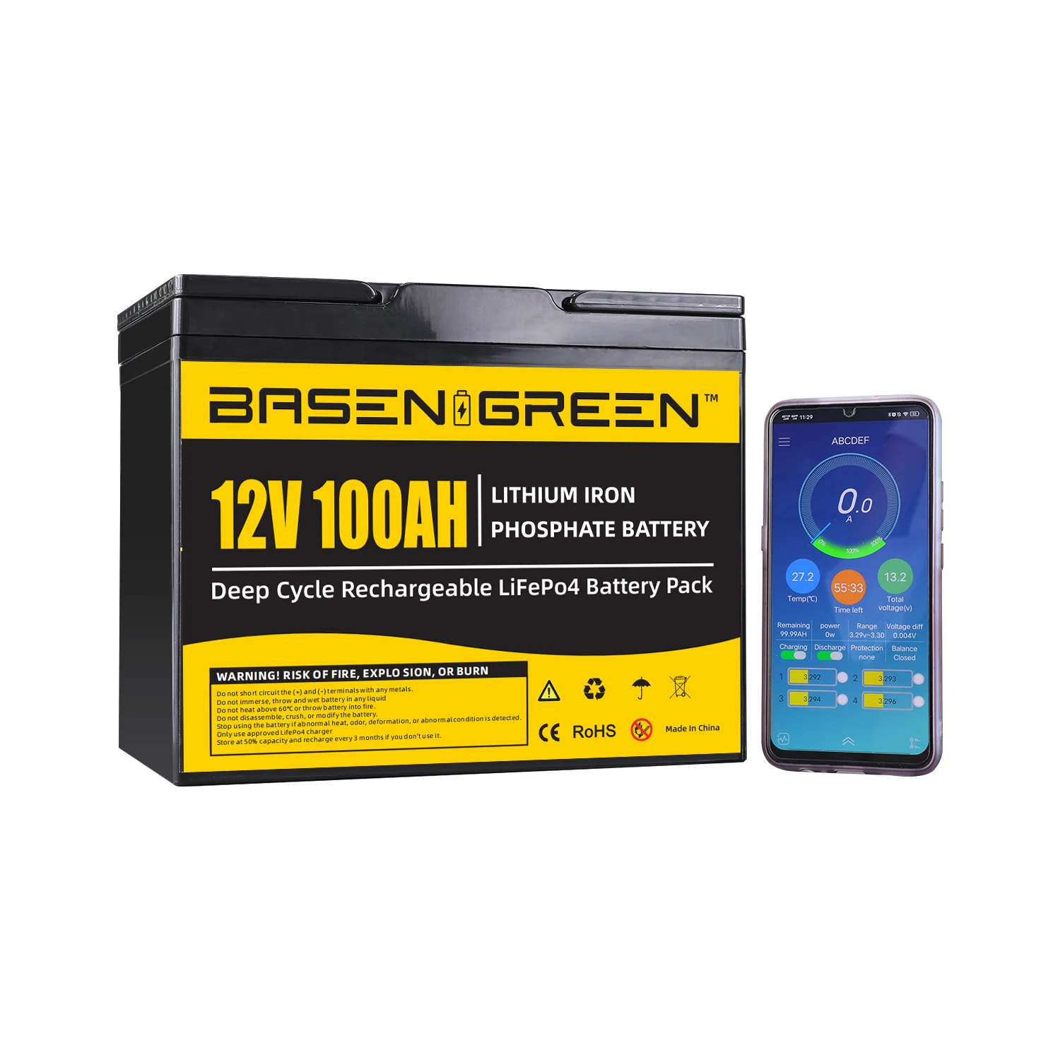 

BASEN 12v lifepo4 battery pack APP control 100ah lithium ion
