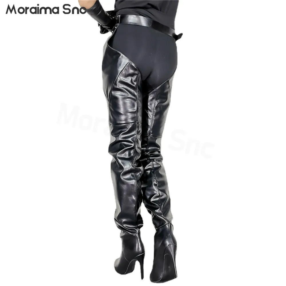 Black Loose Pointed Toe Fashion Belt Boots Stiletto Personality Romper Over The Knee Boots Large Size Sexy Women's Boots