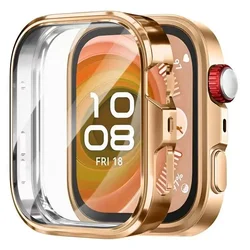 Premium Glass & TPU Full Cover Protective Case with Tempered Glass Screen Protector and Frame Bumper Shell for Huawei Fit 4 Pro (Rose gold)
