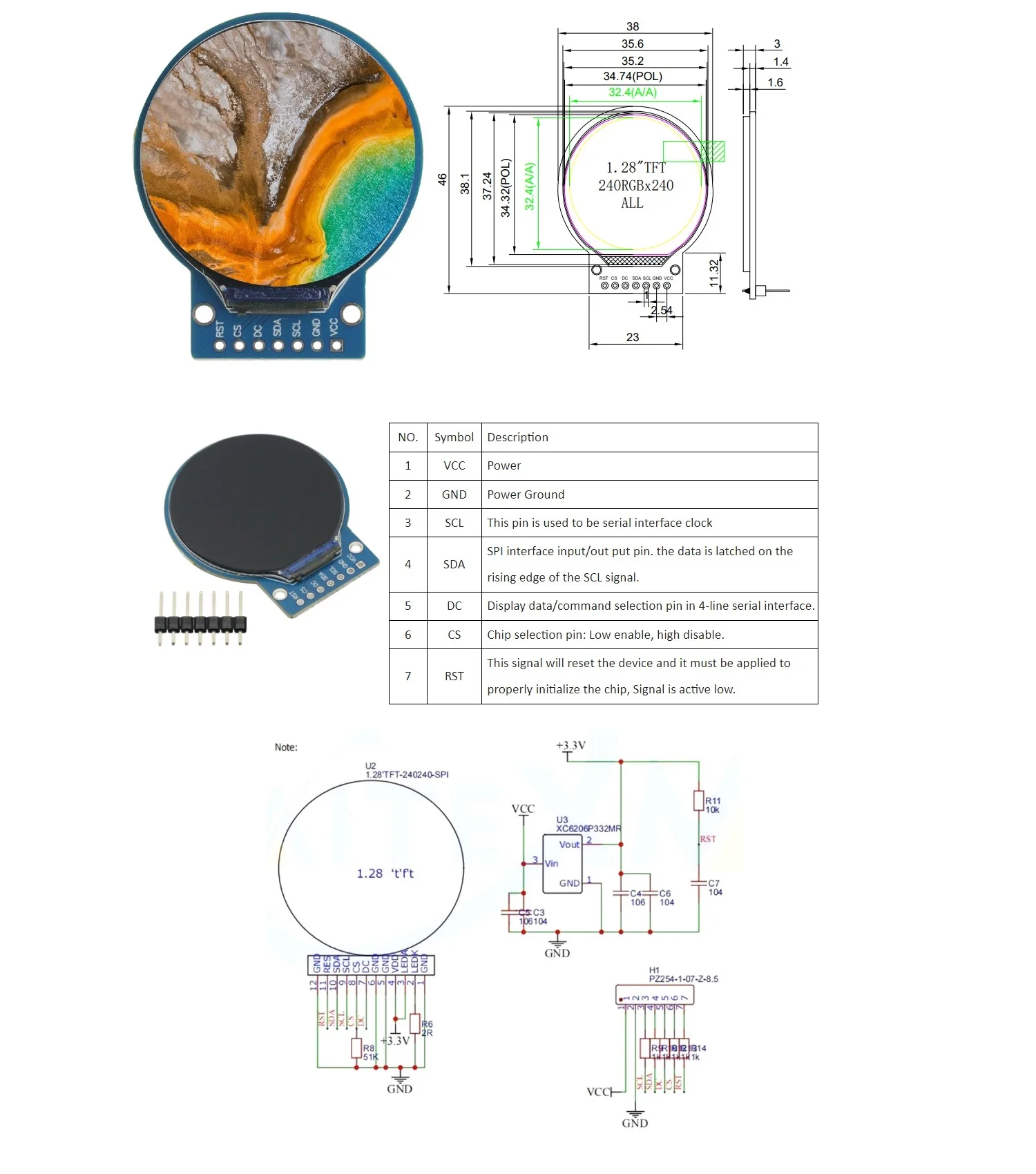TFT 디스플레이 1.28 인치 IPS TFT LCD 디스플레이 모듈 라운드 RGB 240*240 GC9A01 드라이버 4 선 SPI 인터페이스