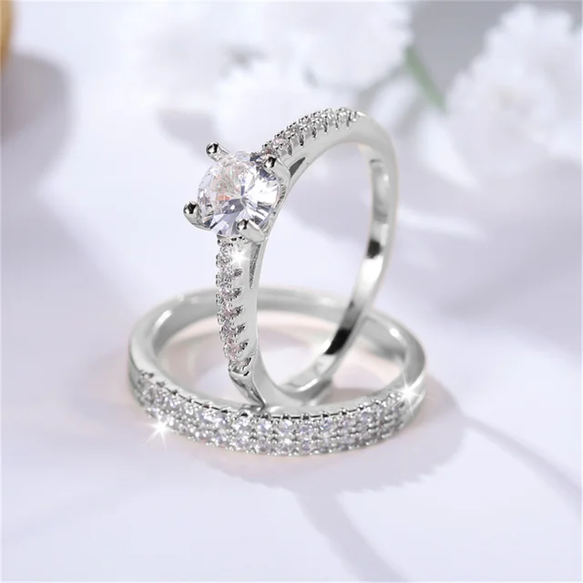 Luxury Female 2pcs Small Round White Zircon Stone Ring Set Promise Gold Color Wedding Engagement Jewelry For Women 5