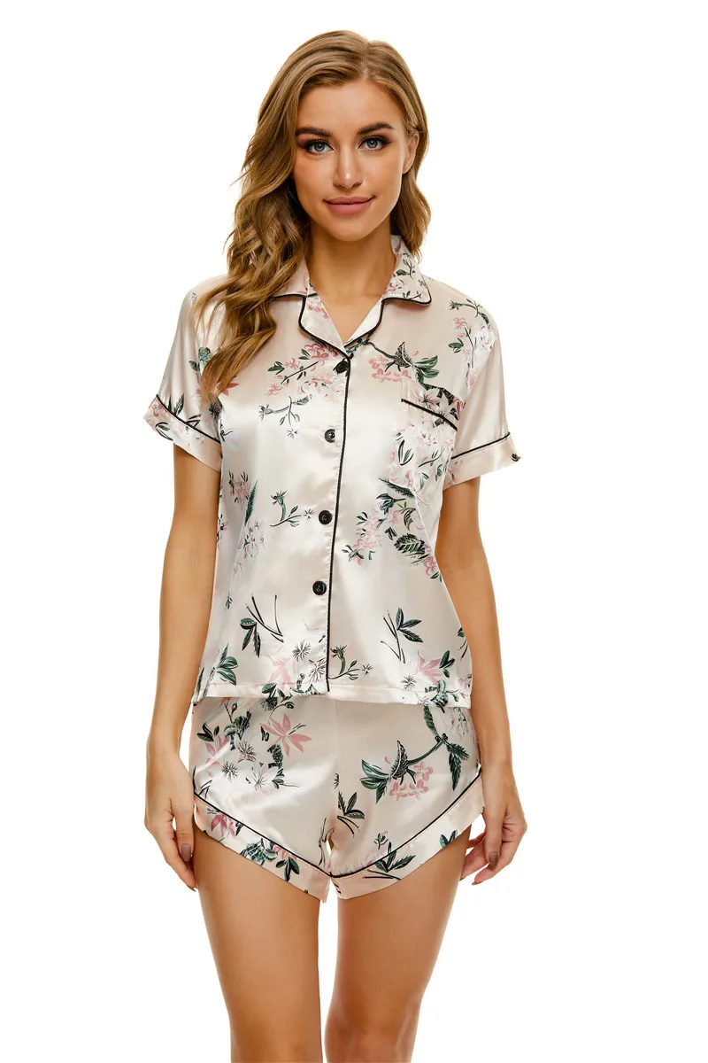 2 Piece Set Pajamas for Women Stripe Satin Silk Sleepwear Luxury Designer Ladies Summer Short Loungewear Home Clothes 2022