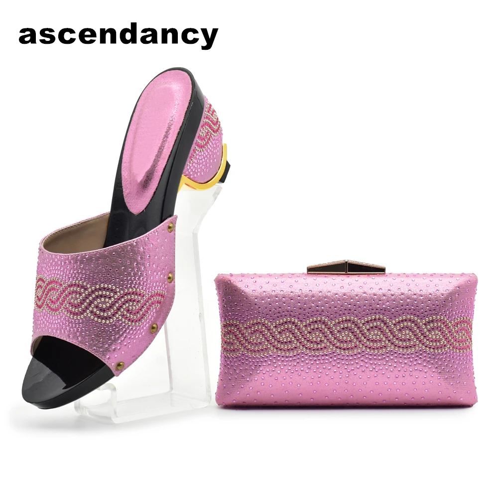

Pink Color Italian Ladies Shoe and Bag Set Decorated with Rhinestone Nigerian Shoe and Bag Set for Party In Women Italy Shoes