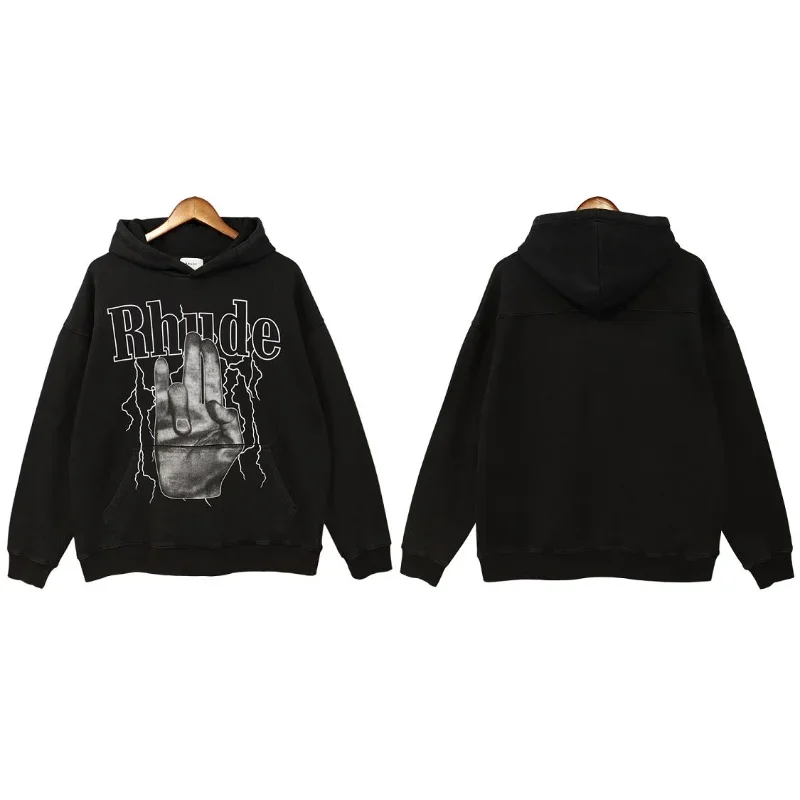 

New Vintage Finger Lightning Print Rhude Hoodies Men Women EU Size 100% Cotton Rhude Sweatshirt Streetwear Autumn Winter Goth