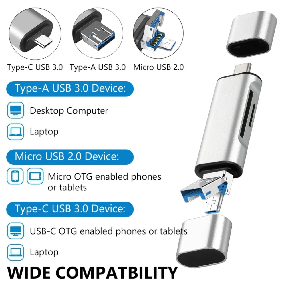 3-in-1 SD Card Reader USB 3.0/Micro USB/Type C Smart Memory Card Reader OTG Flash Drive Adapter For Samsung Macbook