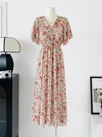 2026 Summer Women Ruffled Short-sleeved Chiffon Dress V-neck High Waist Floral Print Beach Midi Dresses Backless Sexy Vestidos - Image 2