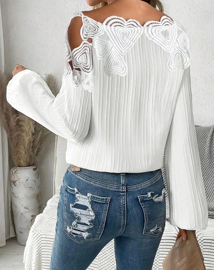 

Women's Casual New Spring Cold Shoulder Heart Pattern Lace Patch Top Temperament Commuting Female Long Sleeve Fashion Blouses