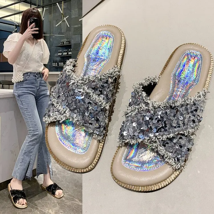 

Female Shoes Ladies' Slippers String Bead Summer Clogs Woman Low 2024 Beach Hoof Heels Slides PU Rome Rubber Fabric Female Shoes