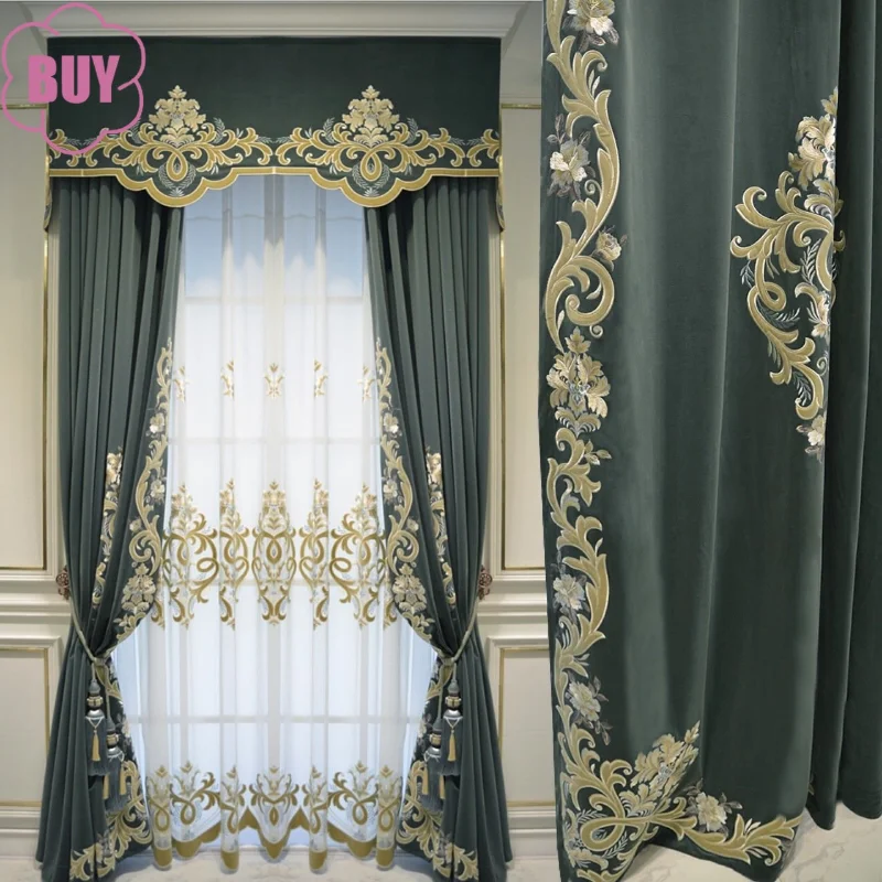 

European Style Curtains for Living Dining Room Bedroom Velvet Blackout Atmospheric Flannel Embroidery Tulle Villa Luxury Custom
