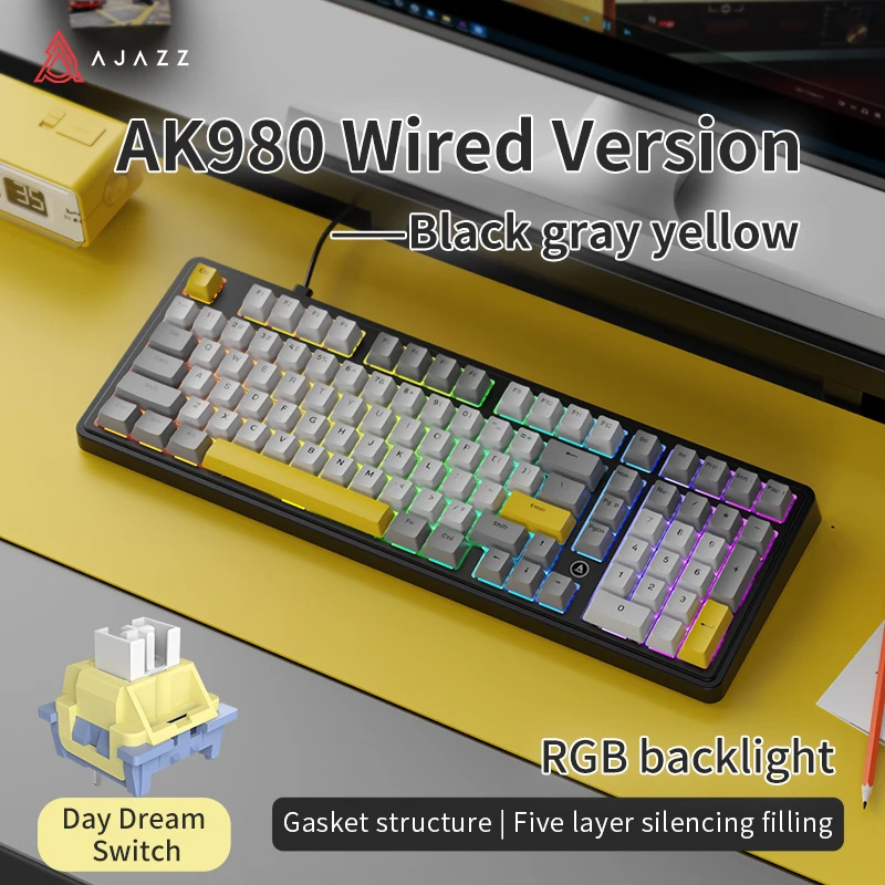 【新品・未使用】AJAZZ AK980 ホワイト ブラック ゲーミングキーボード Ajazz AK980 ワイヤレスゲーミングメカニカルキーボード、カラー