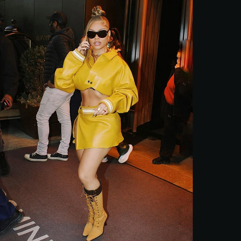 

Zoctuo Autumn Faux Leather Rave Skirts Outfit For Women Long Sleeve Button Jacket And Bodycon Split Skirt Y2K Baseball Outfits