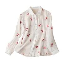

2022 Spring Summer Thin Ramie Womans Tops See Through Embroidery Sweet Floral Turn-down Collar Blusas Manga Longa Feminina