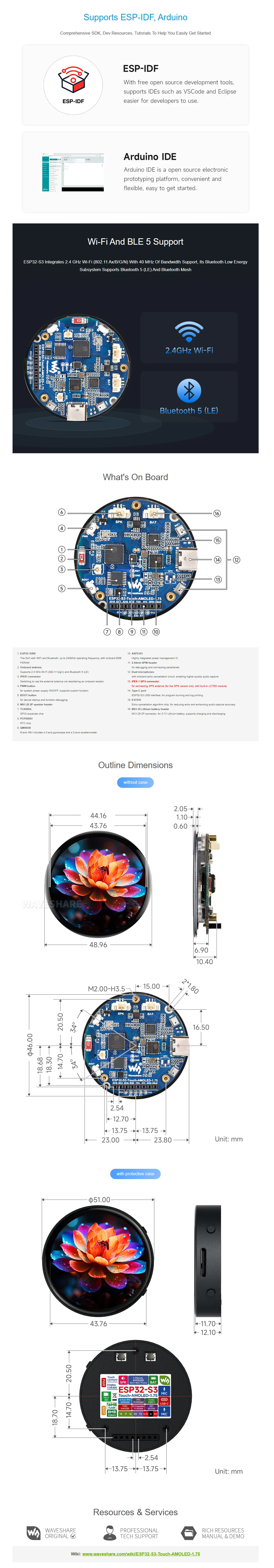 Waveshare ESP32-S3 1.75inch AMOLED Round Touch Display Development Board, 32-bit