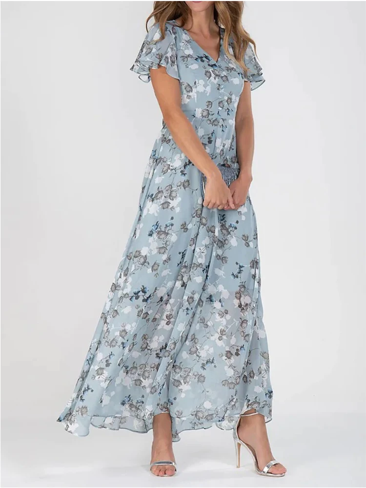 

Summer Floral Dress for Women 2023 New V-Neck Short Sleeve Holiday Beach Dress Sweet Lady Maxi Long Chiffon Dresses