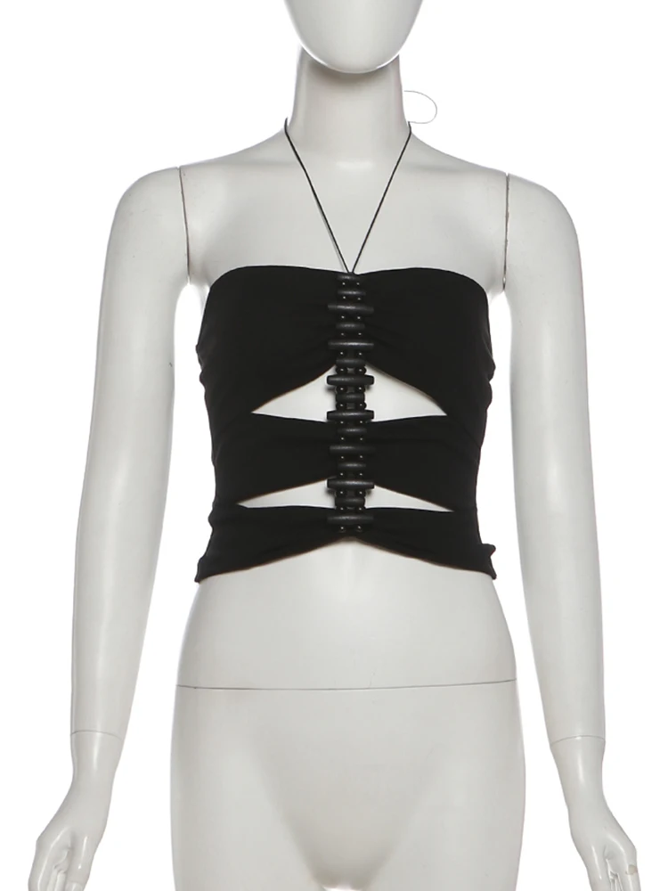 Nibber Hollow Vest Women Halter Beaded Decoration Sexy Midnight Wild Party Street Hottie Fashion Music Festival Skinny Crop Tops